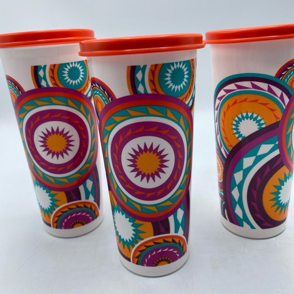 Tupperware Mayan SunRise Vintage 16oz Tumbler 6pc Drinking Cups Aztec Orange